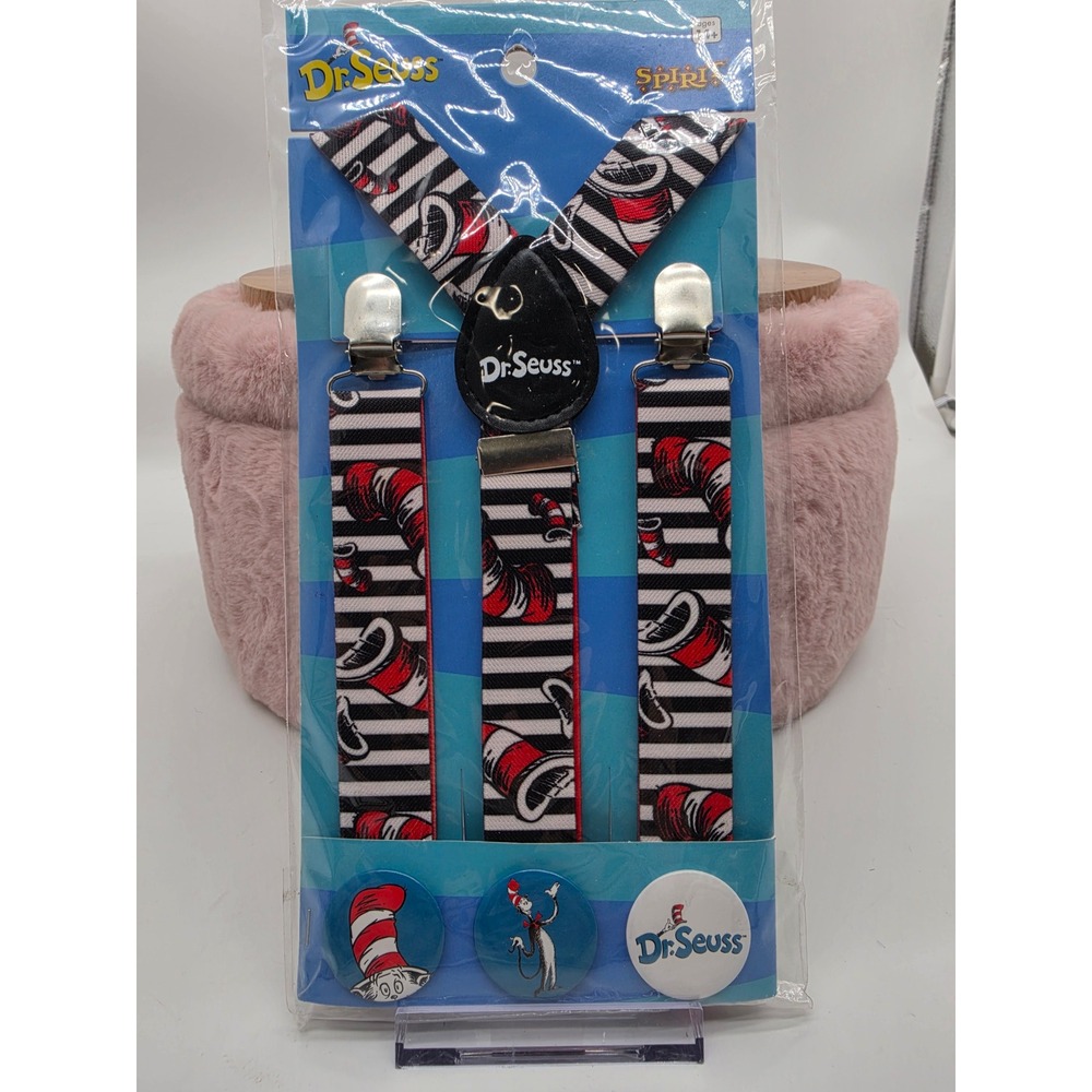 Spirit Halloween Dr. Seuss Suspenders and Pin Set Black and Red Halloween - Picture 7 of 12